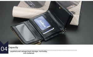 Detailed view of black tri-fold men's wallet with multiple card slots and zipper pocket