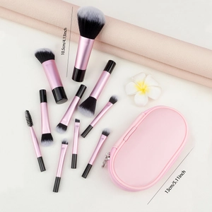 10-piece mini travel makeup brush set in pink storage case with size measurements