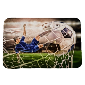Absorbent soccer flannel floor mat featuring a high-action digital print of a bicycle kick