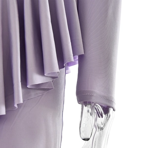 Detailed view of purple slim fit dress with elegant ruffle side and stretch fabric texture