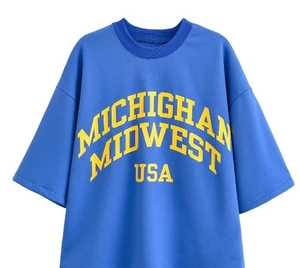 Détail de l'imprimé Michigan sur le t-shirt bleu délavé en coton à coupe oversize