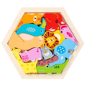 Wooden animal puzzle for kids with colorful cartoon shapes in a hexagonal frame