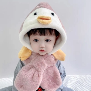 Sciarpa con cappuccio in peluche rosa per bambini stile pinguino con dettagli