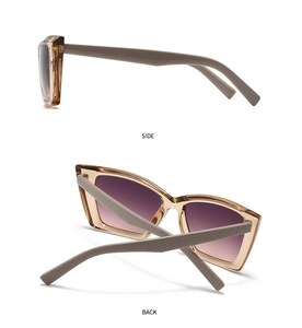 Side and back view of retro square cat-eye sunglasses with gradient purple lenses