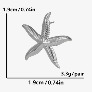 Detailed dimension view of starfish stud earrings in 304 stainless steel with size info