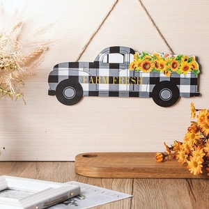 Farmhouse Buffalo Plaid LKW Holz Hängeschild Sonnenblume Wanddeko Farm Fresh Plakette Home Ornament