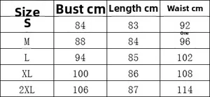 Size guide for backless sleeveless mini dress showing bust and length in centimeters