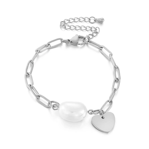 Bracelet chaîne trombone argenté avec perle baroque et pendentif cœur poli pour femme