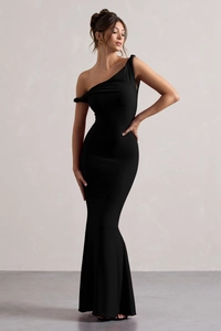 Elegant black one-shoulder evening dress featuring a slim-fit mermaid silhouette and hem