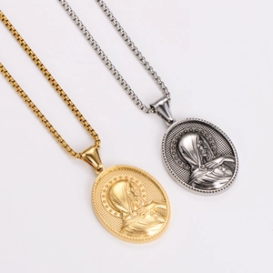 Vintage oval Virgin Mary pendant necklaces in gold and silver with elegant box chain