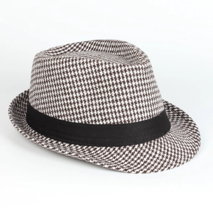 Classic houndstooth fedora hat for men with black ribbon trim and vintage British style