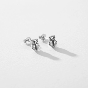 Vintage S925 sterling silver owl stud earrings with a detailed retro oxidized finish