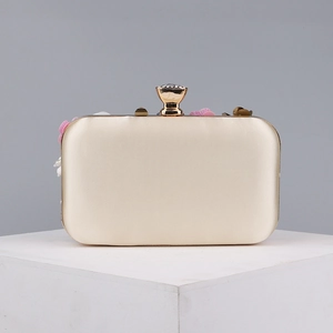 Champagne satin evening clutch bag with pink 3D flowers and gold rhinestone clasp