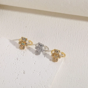 Three dainty bear-shaped zircon open rings in gold and silver finish for women