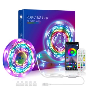 Macro shot of RGBIC LED strip kit components with 16 million colors remote and USB controller