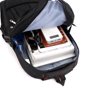 Macro detail of the spacious main compartment with multiple storage layers for laptops