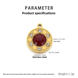 Macro shot of 15x13mm gold stainless steel round pendant with red glass crystal inlay