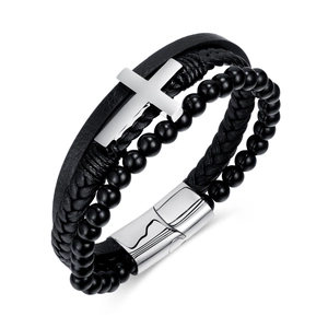 Handmade multilayer black leather bracelet for men featuring a steel cross and magnetic clasp