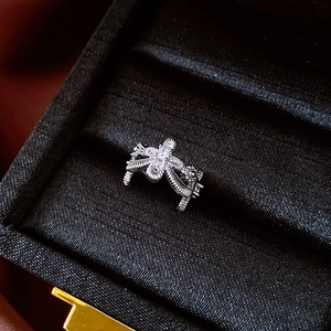 Detailopname van een zilveren bijen-oorclip met witte zirkoon in een sieradendoosje