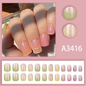 Short square colorful French false nails with dopamine style geometric lines and pastel tones