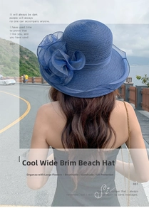 Detail of navy blue beach hat with large organza flower decoration and woven texture