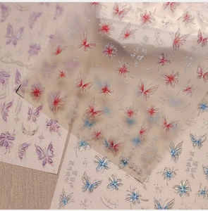 Detail of M-511 butterfly and floral nail stickers with translucent gradient effect