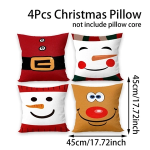 Détail de 4 housses de coussin de Noël avec motifs de Père Noël, bonhomme de neige et renne