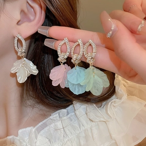 Elegant floral drop earrings with sparkling zircon crystals and colorful acrylic petals