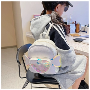 Detailed close-up of a white girl's backpack featuring glittery heart and wing details