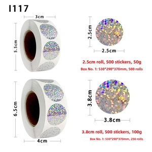 Close-up of 2.5cm and 3.8cm rainbow holographic Thank You stickers on adhesive rolls