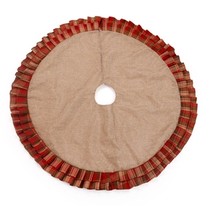 Linen Christmas tree skirt with red and green plaid ruffled edges on white background