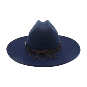 Detail of dark blue wide-brim wool fedora with brown leather band and tie accent