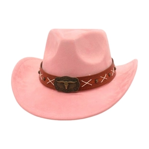 Rosafarbener Western-Cowboyhut aus Wildleder mit braunem Lederband und Stierschnalle