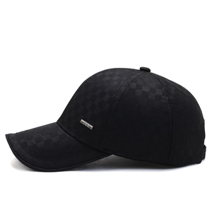 Men's winter black baseball cap with checkered texture and silver metal side plate