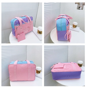 Detail of JK ita bag with heart window, pastel color block design and mini coin purse
