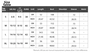 Detailed size chart for women's long sleeve button shirt sweater with US UK EU measurements
