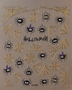Detailed Halloween nail stickers featuring gold spider webs and black cartoon spiders