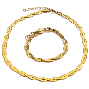 Woven Braided Herringbone Chain Necklace Stainless Steel Gold Plated Snake Blade Flat Layered Fashion Jewelry For Women