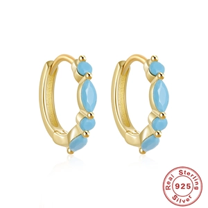 Gold S925 sterling silver hoop earrings featuring blue marquise and round zircon stones