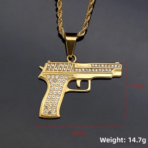 Détails du pendentif pistolet Desert Eagle hip hop plaqué or avec cristaux pavés étincelants