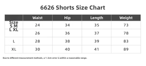 Detailed size chart for high waist scrunch yoga shorts showing waist and hip dimensions