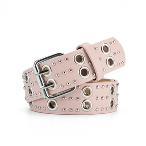 Pink punk leather belt detail featuring double row metal eyelets and a silver pin buckle
