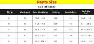 Tabella taglie dettagliata per pantaloni casual da uomo in cotone con misure in centimetri