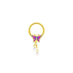 Bijou de sein papillon doré avec émail violet et perles blanches délicates suspendues