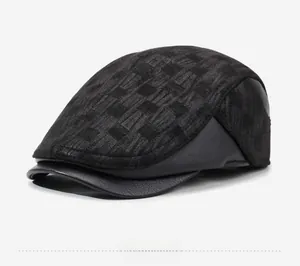 Side view of men's charcoal grey ivy cap featuring textured knit and leather stitching