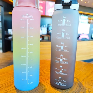 Detail of 32oz gradient sports bottles showing capacity scales and time markers
