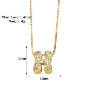 Detail view of gold letter H pendant necklace with dimensions and chain length specs