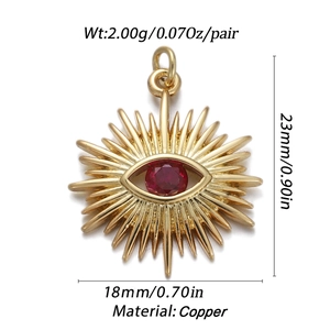 Detailed view of evil eye sunburst pendant with size specs and copper material mark