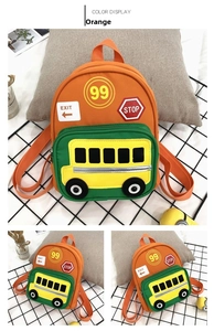 Close-up of orange school bus backpack showing side view and vibrant canvas details