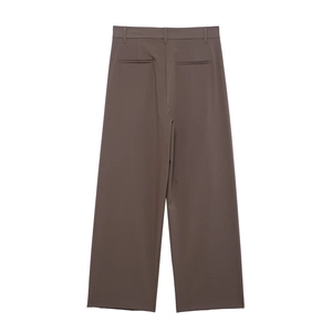 Rear view of dark brown straight-leg dress pants with back pockets and smooth texture
